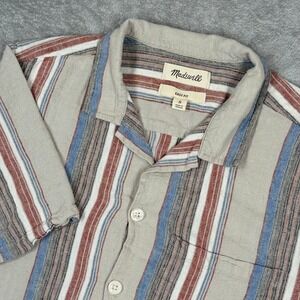 Madewell Easy Fit Linen Button Up Shirt Mens Small Short Sleeve Beige Striped